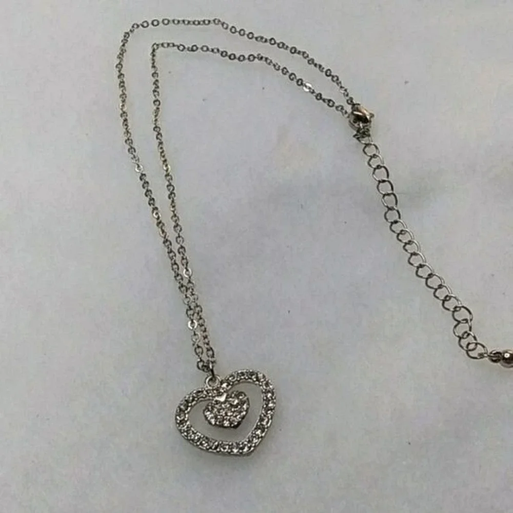 Rhinestone double heart‎ pendant silvertone necklace